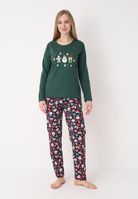 Pijama dama Craciun,maneca lunga si pantaloni lungi,imprimeu figurine festive, En-gros